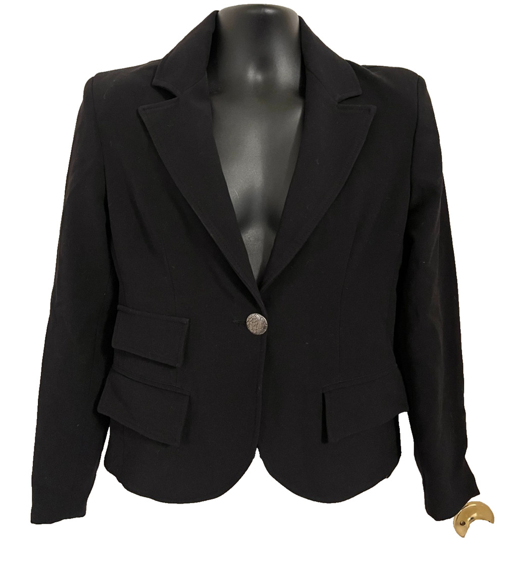 VTG 90s Italian Euro Designer Carla Carini Blazer Black Collared Silver Button S